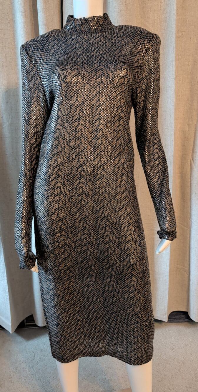 VTG St. John Tiger Print Paillette Maxi Dress Shoulder Pads Made in USA Size 12
